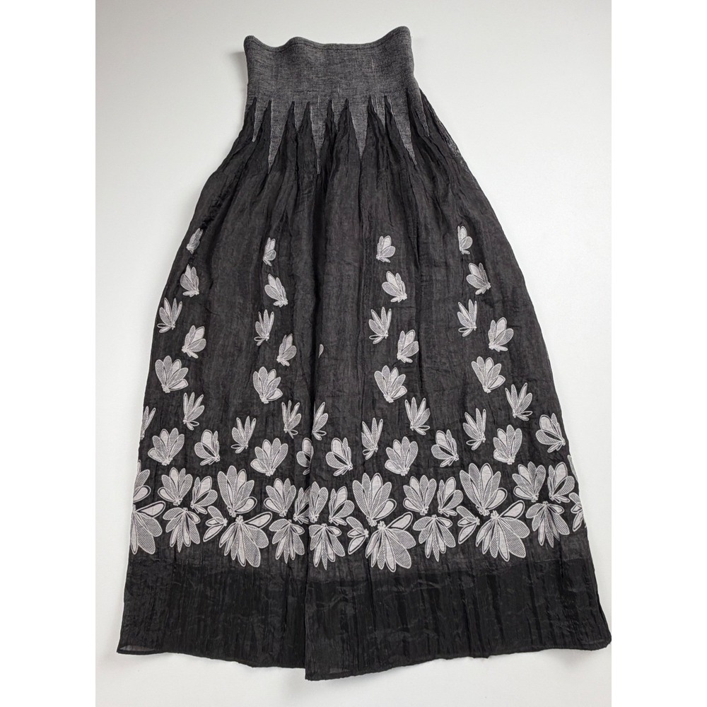 Lapis Midi Skirt Womens One Size Grey Embroidered Floral Smocked Crinkle A097